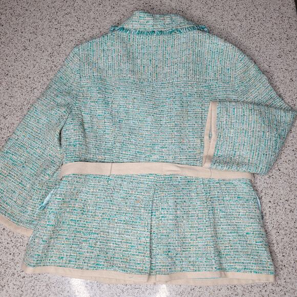 VTG Nanette Lepore Tweed 3/4 Sleeve Turquoise Fringe Jacket Blazer Belt Y2K✨️12 - Picture 2 of 16